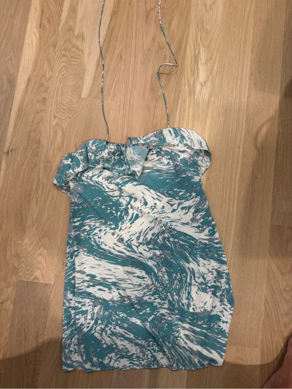 Tibi Teal and White Marble-Print Halter Dress